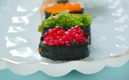 variety Sushi Japanese food with wasabi dipping soy sauce on white plateの写真素材