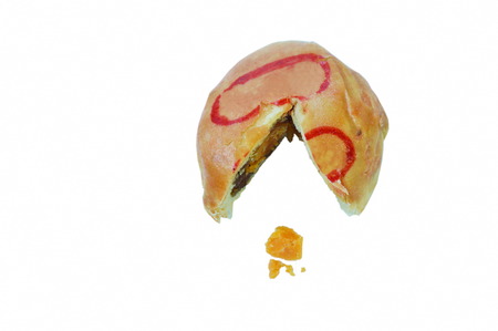 Chinese cake filled mushed winter melon and salty egg cut for pieces on white background