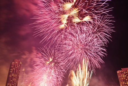 new year celebration fireworks on Cho Phraya river in Thailandの写真素材