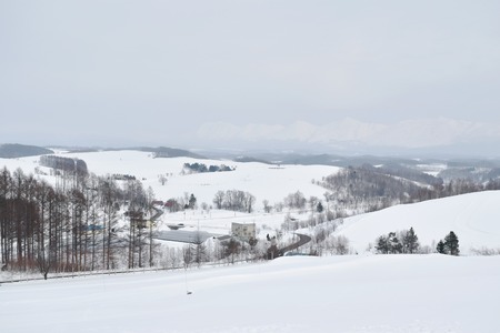 landscape of snow field on mountain in Hokkaido Japanの写真素材