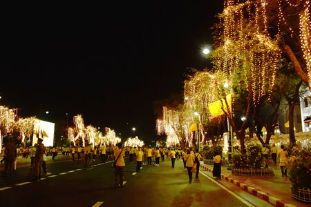 Bangkok Thailand May 6 ,2019 : Thai people watching LED and bulb decoration on Ratchadamnoen road in coronation of king Rama 10 at Sanam Luangのeditorial素材