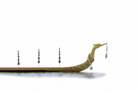 Royal Barge Suphannahong Thai ancient wooden boat floating on river in white backgroundの写真素材