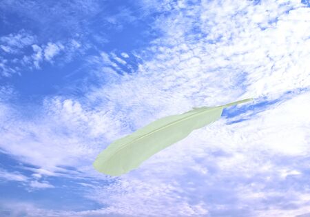 white bird feather floating on bright sky backgroundの写真素材