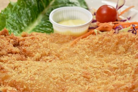 batter fried dolly fish wrapped bread steak with salad on dishの写真素材