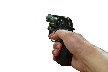 hand holding revolver gun prepare to shoot in white background