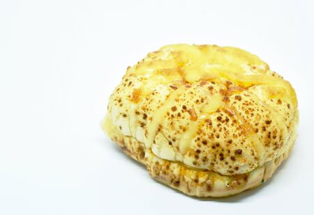 whole wheat cheese burger with slice ham and spinach on white backgroundの写真素材