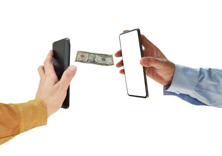 mobile phone technology banking services for received or sending money on white background