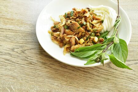 spicy chop roasted chicken Thai salad eat couple with cabbage and basil leaf on plateの写真素材