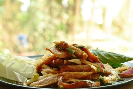 spicy roasted pork Thai salad eat with fresh basil leaf and cabbage on plateの写真素材