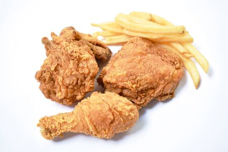 fried chicken and French fries fast food on white backgroundの写真素材