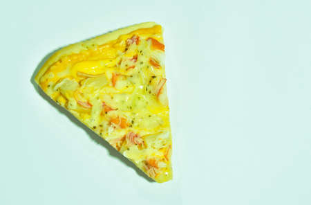 piece of pizza topping seafood and cheese on white background