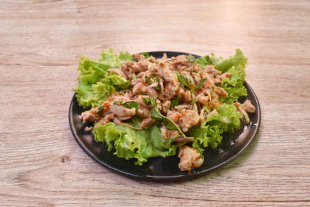 Thai spicy chop chicken salad and fresh vegetable on plateの写真素材