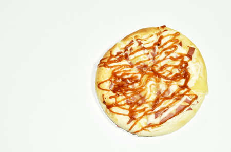 homemade pizza topping chicken sausage and cheese on white backgroundの写真素材