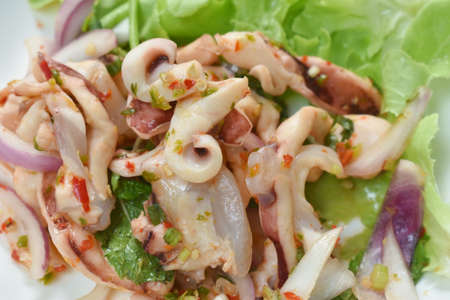 Thai spicy squid salad and fresh vegetable on plateの写真素材