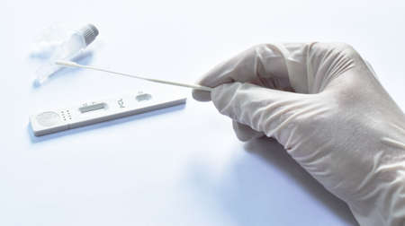 hand in glove holding cotton bud and antigen test kit for checking virus on white background