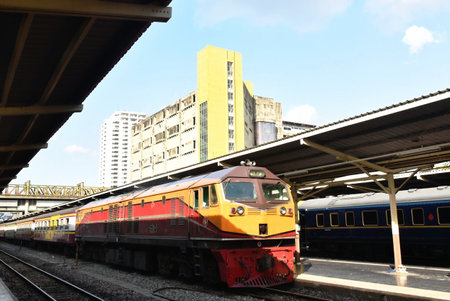 Bangkok Thailand December 25, 2021 : train parking at platform in Hua Lamphong oldest Bangkok railway station service Thai people since 1916のeditorial素材