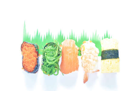 variety Sushi Japanese food with wasabi dipping soy sauce on white backgroundの写真素材