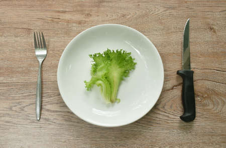 fresh lettuce with drop of water on plate and fork couple knife
