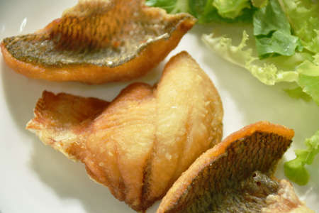 batter fried slice mango or Tilapia fish fresh vegetable salad on plate