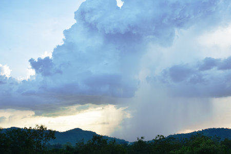 landscape of water reservoir lake with mountain background in sunsetの写真素材