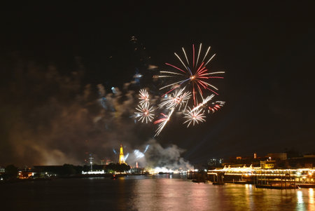firework on new year countdown at temple of dawn in Thailandの写真素材