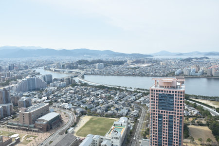 cityscape from Fukuoka tower third tallest and travel location building in japanの写真素材
