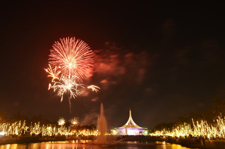 celebration fireworks and lighting at Suan Luang Rama 9 public park in Thailandの写真素材