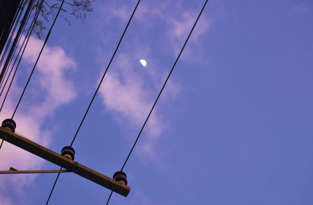 electric pole and cable line with half moon background in blue evening skyの写真素材