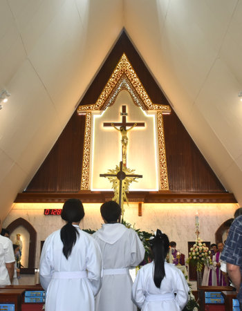 Bangkok, Thailand April,12 2024 :  people on funeral in church at Wat Mae Phra Prachak Mueang...