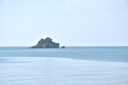 landscape of little island and sea on sunny day at Mae pim cape beach travel location in Thailandの写真素材