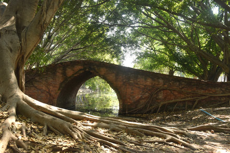 circle bridge at Borom Phuttharam temple ancient and historical in Thailandの写真素材