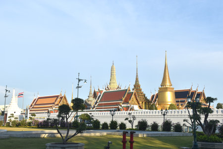 temple of emerald Buddha or wat Phra Kaew travel location and landmark in Thailand in sunsetの写真素材