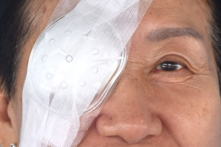 elder woman covering protection on right eye smiling after cataract surgery in blue backgroundの写真素材