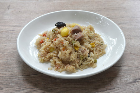 steamed rice with slice taro and ginkgo vegetarian food on plateの写真素材