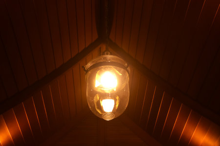 tungsten electric lamp hanging on rooftopの写真素材
