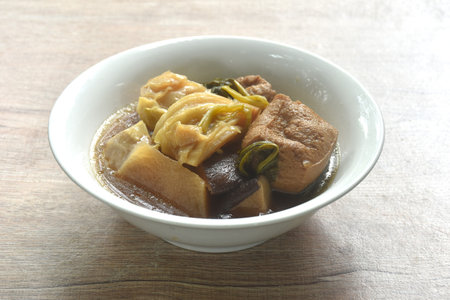 boiled slice cabbage with tofu in Chinese herb soup on bowlの写真素材