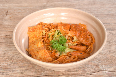 stir ramen Japanese noodles with slice pork sausage and tofu with cabbage in Korean kimchi sauce on bowlの写真素材