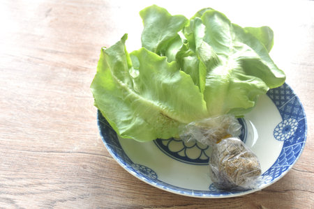 fresh green cos or  Romaine lettuce vegetable salad with drop of water arranging on plateの写真素材