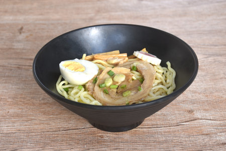 Tonkotsu Chashu ramen orJapanese yellow noodles topping slice braised pork with boiled egg in Miso...