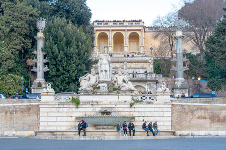 square next to the church of santa maria del Popolo, fountain and viewpoint seen from below, Rome.のeditorial素材
