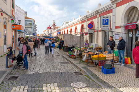 exterior of the municipal market of LoulÃ© in the Algarve region during the day with customers and vendors at fruit and vegetable.loulÃ©-algarve-portugal.12-12-2023のeditorial素材