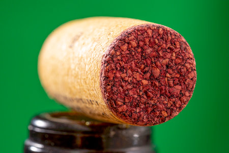 Wine cork on a green background. Close-up.
