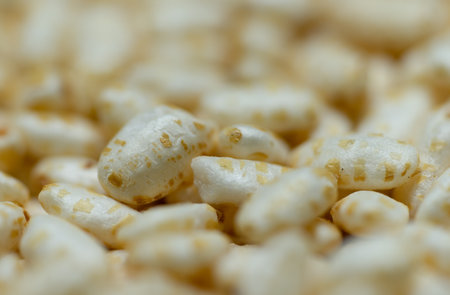 Close up of white corn flakes. Macro. Selective focus.の写真素材