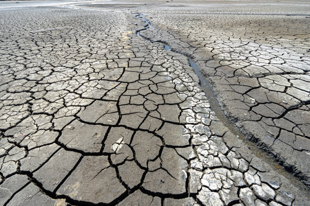 dry and cracked floor of dry river of caldera grande in the city of Barreiro with a small stream.の写真素材