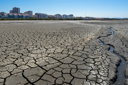 cracked floor of dry river where sludge was. Representation of a period of severe drought