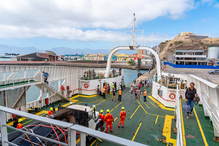 Unidentified peopleof cruise ship in the port of mindelo, cape verde