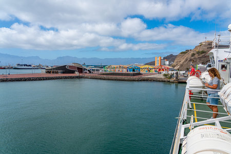 Tourists on the deck of a cruise ship in Santa Cruz de Tenerife