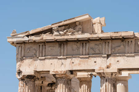 Detail of classical greek architecture, doric columns and frieze, from the Acropolis of Athens, Greeceの写真素材