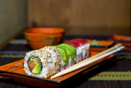 Japanese seafood sushi, rolls with tuna, salmon, avocado.の写真素材