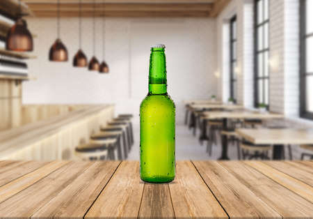 wooden-board-with-bottle-beer-cafeteria_2の写真素材